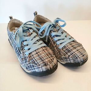 Therafit Women's Sienna Blue Plaid Athletic Sneakers, Size 7M, Side Zipper.